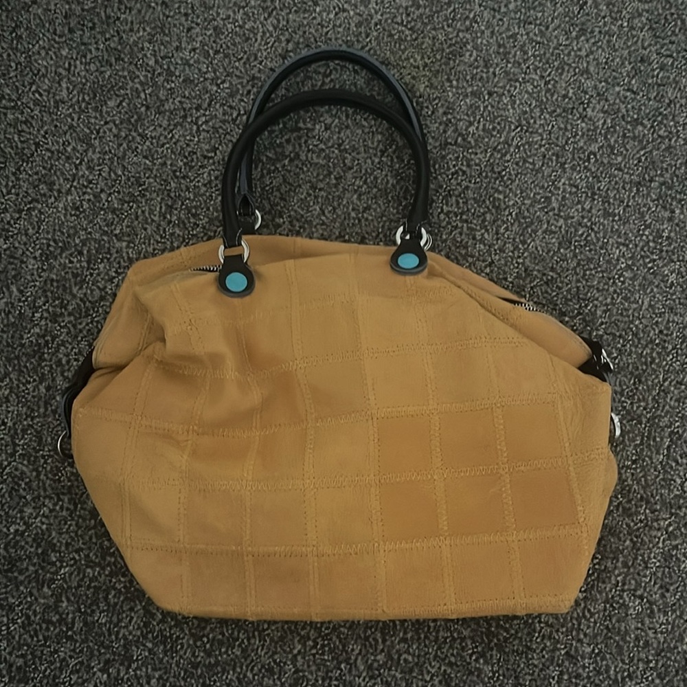 Gabs yellow leather bag with linen blue interior, good condition.